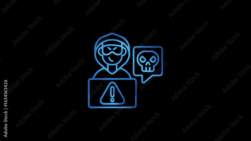 Poster blue outline graphic of a hacker with a laptop and skull icon on a black background representing cyb