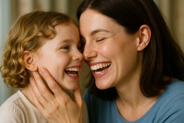 Mother and daughter laughing together at home, sharing a joyful and loving moment with genuine smiles and close connection.

