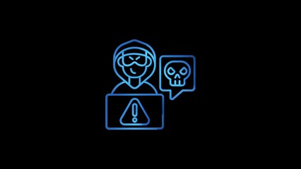 Blue outline graphic of a hacker with a laptop and skull icon on a black background representing cyber security threat