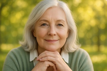 Smiling senior woman with gray hair sitting outdoors in a park, looking content and relaxed in natural light.

