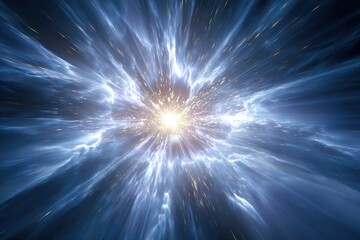 Bright light explodes with electric blue trails in abstract rendering. Use to illustrate speed, space travel, or technological advancement.