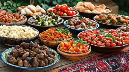 Obraz premium Colorful Array of Traditional Dishes on a Wooden Table Display