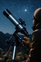 Astronomer using telescope for stargazing under clear night sky

