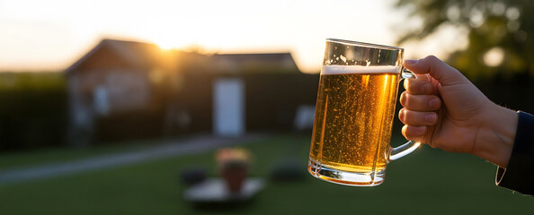 Glass mug with fresh cold beer in a male hand on a black background with copy space