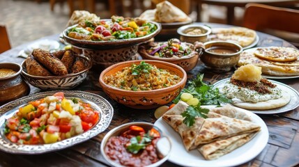 Obraz premium Colorful Mediterranean Feast with Various Dishes on Wooden Table