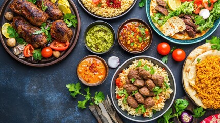 Fototapeta premium Colorful Feast with Diverse Dishes and Fresh Ingredients on Table