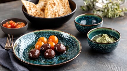 Colorful Mediterranean Plate with Olive, Tomato, and Dip Options