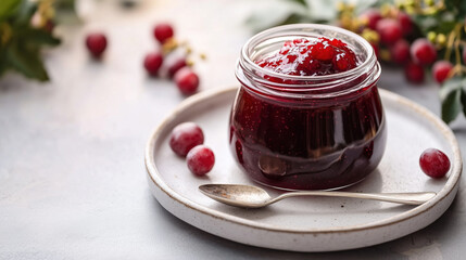 Jar of homemade red berry jam with spoon on ceramic plate, surrounded by cranberries, cozy rustic dessert concept