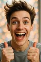 Young man showing excitement with big smile and thumbs up gesture

