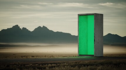 Vertical glowing green screen billboard set in concrete monolith on desert road with mountain background