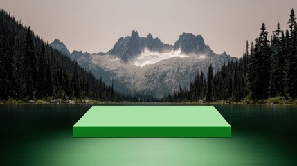 Green screen podium on reflective surface with mountain lake and forest background
