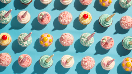 A flat lay photograph of multiple cupcakes arranged in a grid pattern on a light blue background.
