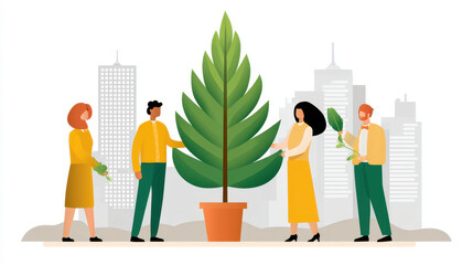 People holding green leaves around large potted plant with cityscape background, teamwork and environmental care concept