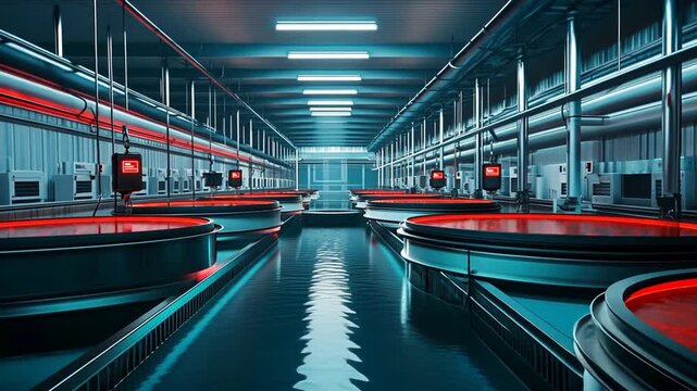 Futuristic Indoor Aquaculture Facility with Red-Lit Tanks