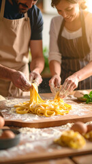 Authentic cooking at home: Couple making pasta from scratch at home, flour dusted on aprons, looking authentic and happy preparing meal together