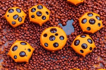 Obraz premium Orange pastries with dark dots, on red granules