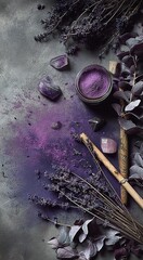 Mystical Herbal Setup with Smoke, Lavender, and Magic Accessories