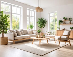 Fototapeta premium A cozy modern minimalist living room, white walls, light wood furniture, indoor plants, natural lighting from large windows, clean and elegant, soft neutral color palette, Scandinavian style, realisti