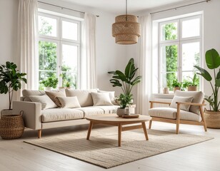 Fototapeta premium A cozy modern minimalist living room, white walls, light wood furniture, indoor plants, natural lighting from large windows, clean and elegant, soft neutral color palette, Scandinavian style, realisti