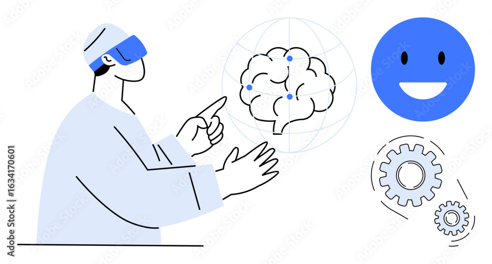Poster scientist wearing vr headset interacts with digital brain diagram. smiling face and gears symbolize 