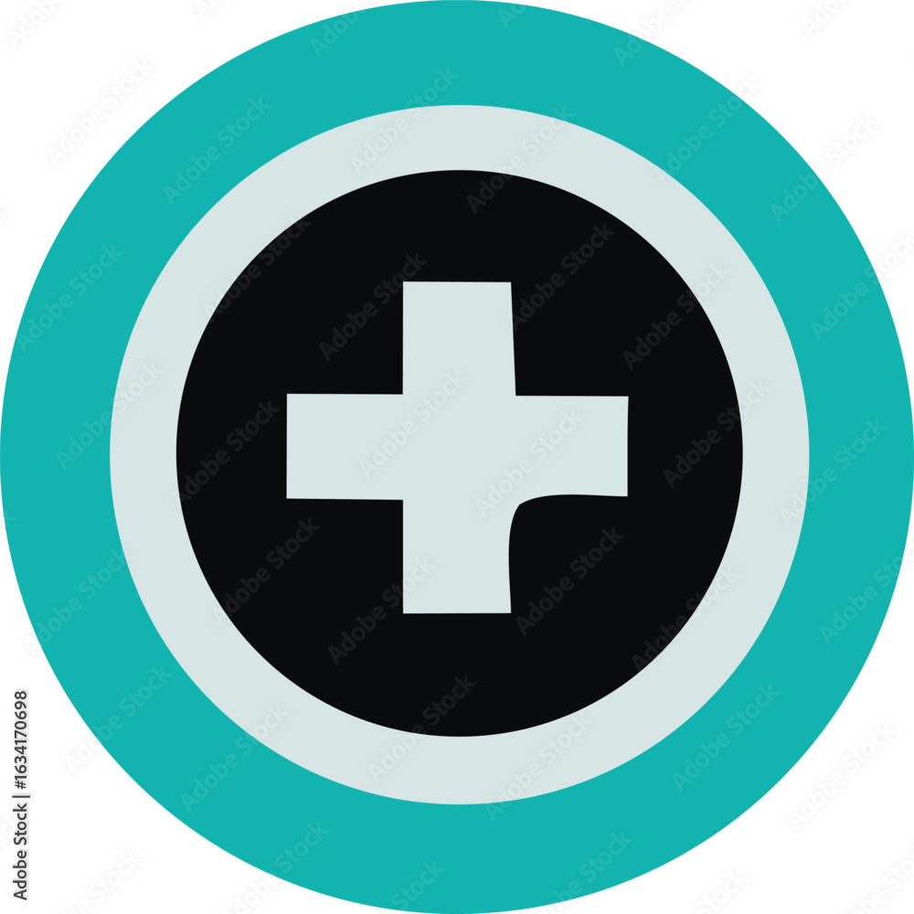 Poster modern teal and white circular target icon featuring a bold white plus symbol centered within a blac