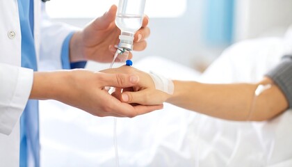 Intravenous therapy treatment for patient hand administered by healthcare professional in hospital