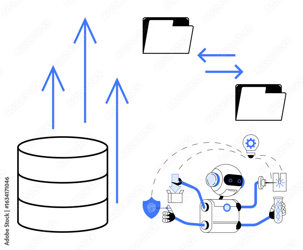 Aufkleber ai robot managing data, file exchange through folders, database growth with upward arrows. ideal for