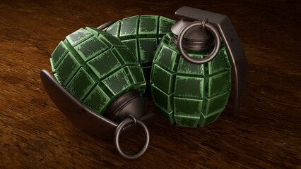 4K Three green hand grenades on a wooden table