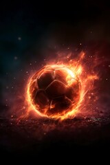 Burning Glowing Football with Fire Particles on Dark Background