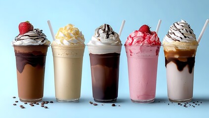 Variety of Milkshakes in Glasses with Whipped Cream and Toppings