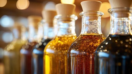 Colorful Glass Bottles Filled with Various Oils on Wooden Table