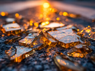 Shimmering golden glass shards reflecting sunset glow on a textured surface