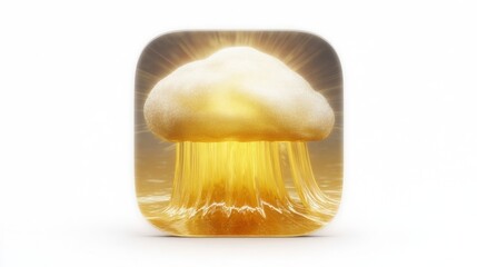 3D render of glowing yellow jellyfish shape with textured cap and liquid light on light background