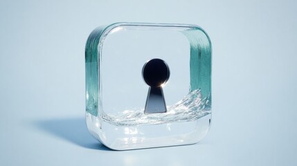 3D render of glass app icon with metallic keyhole symbol and liquid splashing on light background