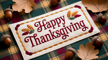 Festive Thanksgiving Table Setting with Acorns and Autumn Leaves