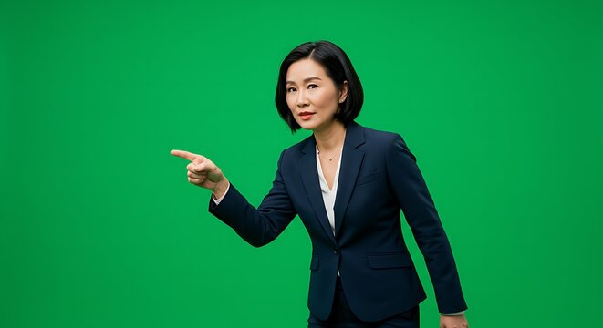 Asian woman in a navy suit pointing left against a green screen