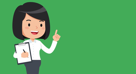 Cartoon woman in white shirt and grey skirt holding clipboard and pen
