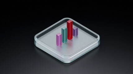 3D render of frosted glass app icon with colorful vertical bars forming bar chart on dark background