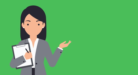 Woman in a gray suit holding a clipboard gesturing with open hand on green background