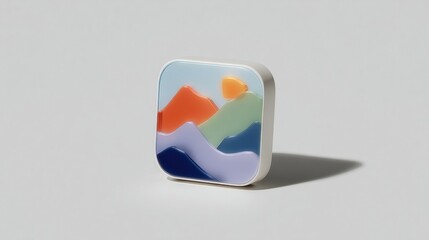 3D render of stylized app icon with colorful layered mountain landscape and sun on light background