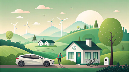 Naklejka premium Sustainable Living Environment with Electric Vehicle Charging Renewable Energy Sources and Peaceful Suburban Scenery