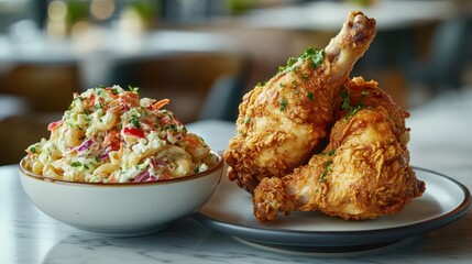Crispy Fried Chicken with Coleslaw on a Marble Dining Table