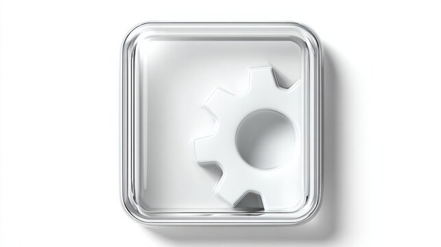 3D render of glass app icon with white gear symbol on light background