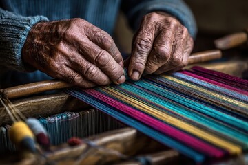 Old hands weave vibrant threads on a traditional wooden loom. Illustrates heritage, craftmanship, and the beauty of handmade textiles.