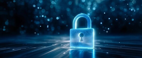 3D Glowing Padlock Symbol on Digital Network Background
