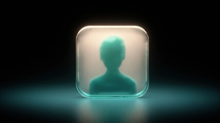 3D render of green glowing frosted glass app icon with user profile silhouette on dark background