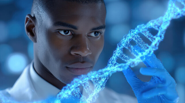 Focused scientist examining glowing DNA strand in laboratory with blue gloves and white coat