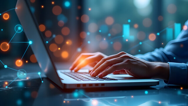 Hands Typing On Laptop With Connections