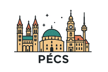 P&eacute;cs city skyline with iconic buildings and landmarks