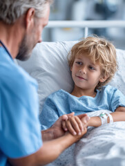 Obraz premium a doctor holding a young patient's hand in a hospital bed